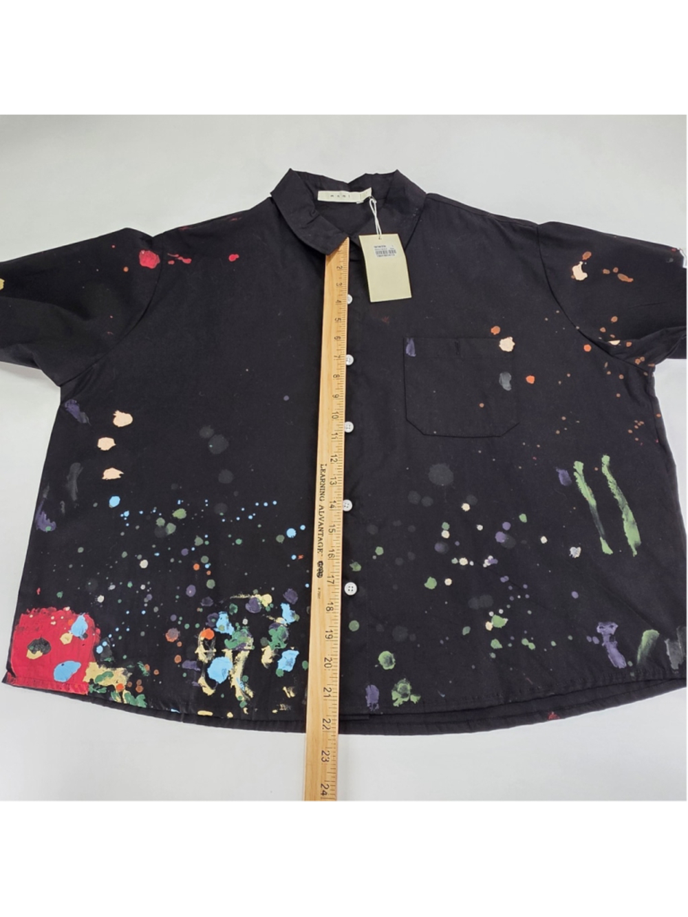 MNML Painter Camp Shirt Mens Large Black Paint Splatter Cropped Button Up NWT - Picture 10 of 12